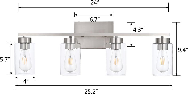 A1A9 4 Light Bathroom Vanity Light Fixtures, Brush Nickel Modern Wall Lights with Clear Glass Shade, Vintage Wall Sconce Lighting for Living Room, Mirror, Bedroom, Hallway (Nickel, 4-Lights) - Image 3
